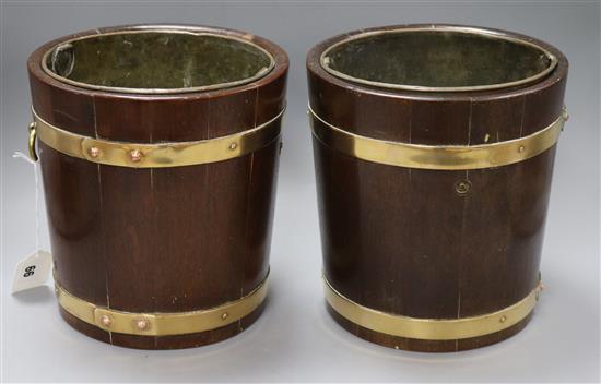 Two brass bound buckets with plaques under reading Made from Battleships of Britain height 23cm